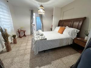um quarto com uma cama e um vaso de plantas em Casa Dona Guilla 1 
