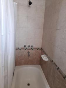 uma casa de banho com uma banheira e um chuveiro com um WC em Departamento céntrico em San Martín de los Andes
