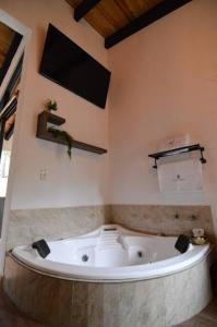 マサミトラにあるCabaña Cedrelaのバスルーム(大型バスタブ、テレビ付)