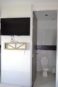bagno con servizi igienici e TV a schermo piatto di Hotel Ocean Fusagasuga a Fusagasugá Altre 36 foto