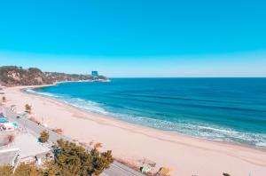 an aerial view of a beach and the ocean at Gangneung Hostel in Gangneung