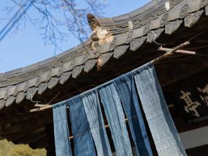 a blue curtain is hanging on a building at Andong GyeongHamjeong in Andong