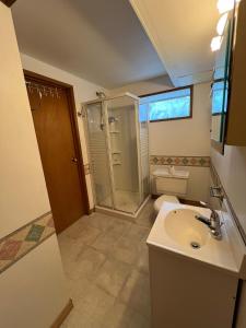 a bathroom with a sink and a shower and a toilet at Cozy shared bagpackers in in Delta