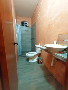 W łazience znajduje się toaleta, umywalka i prysznic. w obiekcie Casa Centro w mieście Isla Aguada