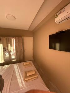 a bedroom with a bed with two towels and a flat screen tv at Apartman Mirjana in Paralia Katerinis