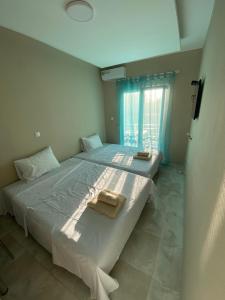 a bedroom with two beds and a window at Apartman Mirjana in Paralia Katerinis