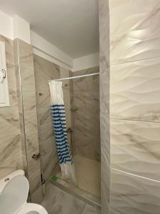 a shower with a glass door in a bathroom at Apartman Mirjana in Paralia Katerinis