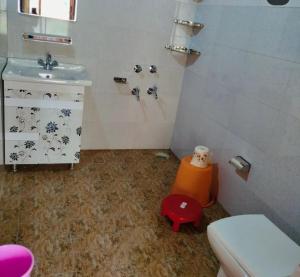 a bathroom with a toilet and a sink at Pyare Cafe Cottages And Tents in Gushaini