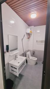 een witte badkamer met een wastafel en een toilet bij An vũ hotel in Bak Kan