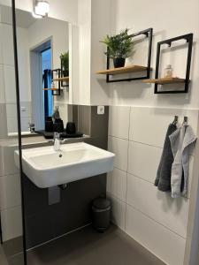 ein Bad mit einem Waschbecken und einem Spiegel in der Unterkunft Charming Homes - Studio 23 in Wolfsburg