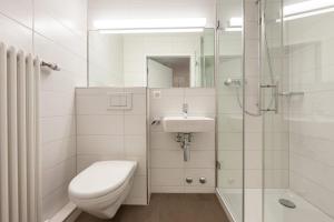 uma casa de banho com um WC, um chuveiro e um lavatório. em Gasthof Oxen em Küsnacht