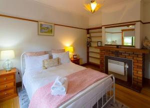 1 dormitorio con 1 cama con chimenea y espejo en Elm Trees of Ross Cottage, en Ross