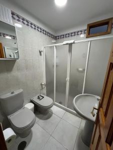 een badkamer met een douche, een toilet en een wastafel bij Retro Vintage Toscal Bus stop 5p in Los Realejos