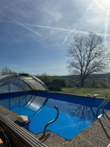uma piscina com uma cobra no telhado de uma casa em Haus mit Pool und Panoramablick em Hirschaid