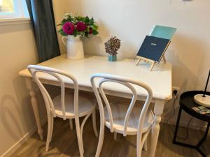 a small table with two chairs and a vase of flowers at Short Stay- YOUR OWN GUESTHOUSE! in Halcombe