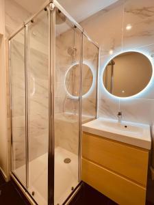 La salle de bains est pourvue d'une douche et d'un lavabo. dans l'établissement Le Golden, à Vierzon