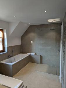ein großes Bad mit einer Badewanne und einer Dusche in der Unterkunft Landhaus an den Weinbergen in Pfaffenweiler