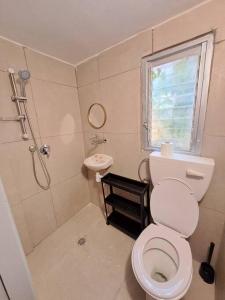 ein Bad mit einem WC, einer Dusche und einem Waschbecken in der Unterkunft Fellini Nine ground (talpiot) in Haifa