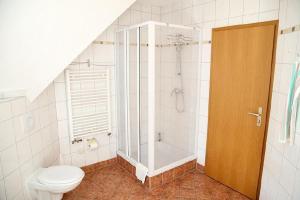 bagno con doccia e servizi igienici di Ferienwohnung und Pension Jentsch a Markische Heide