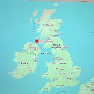 a map of england with a red marker at Tornaroan Cottage in Ballycastle