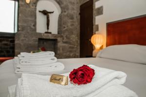 モンテカティーニ・ヴァル・ディ・チェーチナにあるTorre dei Belfortiのベッド(タオル付)と赤いバラが付いています。