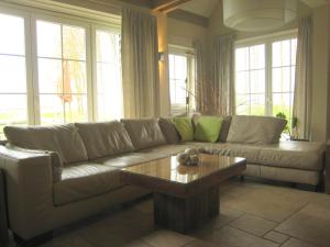 uma sala de estar com um sofá e uma mesa de centro em Classy Holiday Home in Zuidzande with Sauna em Zuidzande