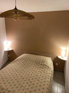 een slaapkamer met een bed en twee verlichting op twee tafels bij Appartement cocooning a ruaux in Plombières-les-Bains