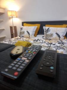 two remote controls sitting on top of a bed at MAISON COSY 7 minutes des frontières in Rosenau
