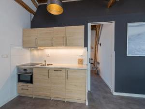 a kitchen with wooden cabinets and a sink at Lovely modern 4 person apartment in the heart of Koudekerke in Koudekerke