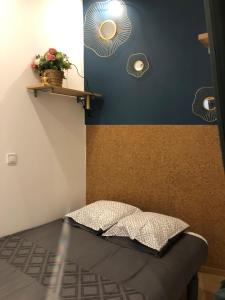 - une chambre dotée d'un lit avec un mur bleu et marron dans l'établissement Little Snug, à Toulouse