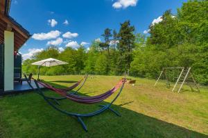 um quintal com duas redes e um baloiço em Peaceful house with sauna em Nowe Czaple