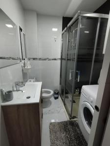 a bathroom with a shower and a sink and a toilet at Apartamento acogedor. in Gelves