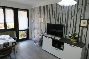 una sala de estar con TV de pantalla plana en un armario blanco en Appartamento Aila, en Molina di Ledro