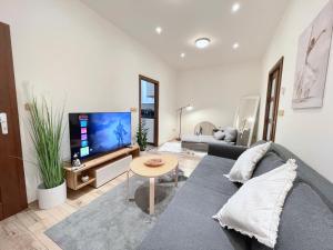 a living room with a couch and a tv at Apartment in Center of Prague with balcony in Prague