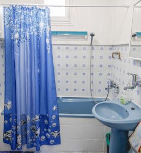 GradišteにあるApartman Marta i soba Majaのバスルーム(青いシャワーカーテン、シンク付)