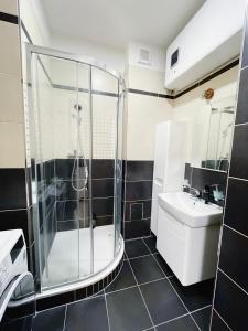 a bathroom with a shower and a toilet and a sink at Apartment in Center of Prague with balcony in Prague