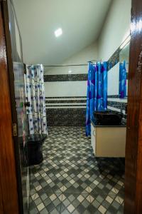 a bathroom with a sink and blue shower curtains at The River Mist in Meenangadi