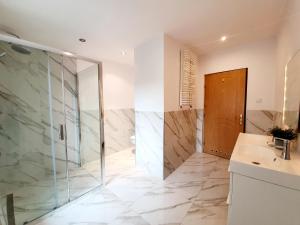 uma casa de banho com uma cabina de duche em vidro e um lavatório. em Mieszkanie nieopodal Monte Cassino - Niepodległości 794 em Sopot