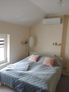 a bedroom with a bed with two pink pillows at Motel Królowej Jadwigi Alicja Szymańska-Pokoje na Ogrodowej in Sandomierz