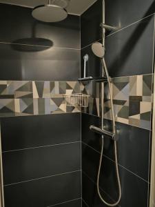 ein Bad mit einer Dusche mit schwarzen und weißen Fliesen in der Unterkunft Petite dépendance privée 