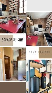 a collage of pictures of a kitchen with a red counter top at Le Gîte d'en Bas in Quesnoy-le-Montant
