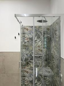 um chuveiro com uma porta de vidro e um mural em Casa Ari em Desenzano del Garda