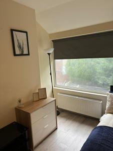 ein Schlafzimmer mit einem Fenster, einem Bett und einer Kommode in der Unterkunft Stunning Spacious One Bedroom Haven in Wyken