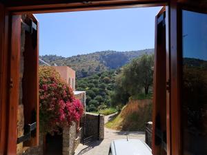 una vista da una finestra di una strada con fiori di Villa Sabrina a Milatos