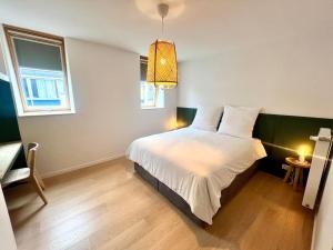 a bedroom with a bed and a pendant light at Duplex chic et spacieux - Hypercentre in Liège