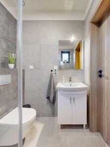 a bathroom with a sink and a toilet and a tub at Apartamenty SOLEIL in Sarbinowo +26 photos