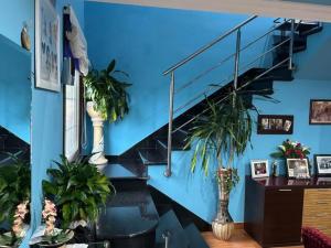 ein blaues Zimmer mit einer Treppe mit Topfpflanzen in der Unterkunft Apartamento CASA MARIA in Rianjo