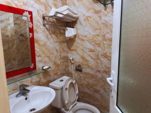 een badkamer met een wastafel, een toilet en een spiegel bij TIẾN CƯỜNG HOTEL in Mia Xu