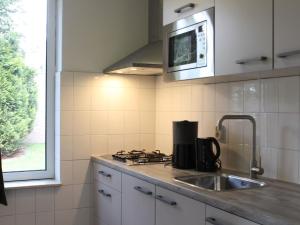 a kitchen with a sink and a microwave at Tidy bungalow with garden located in natural area in Vledder