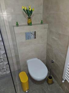 a bathroom with a toilet and a vase of flowers at Slatkiš Sweet in Banja Koviljača